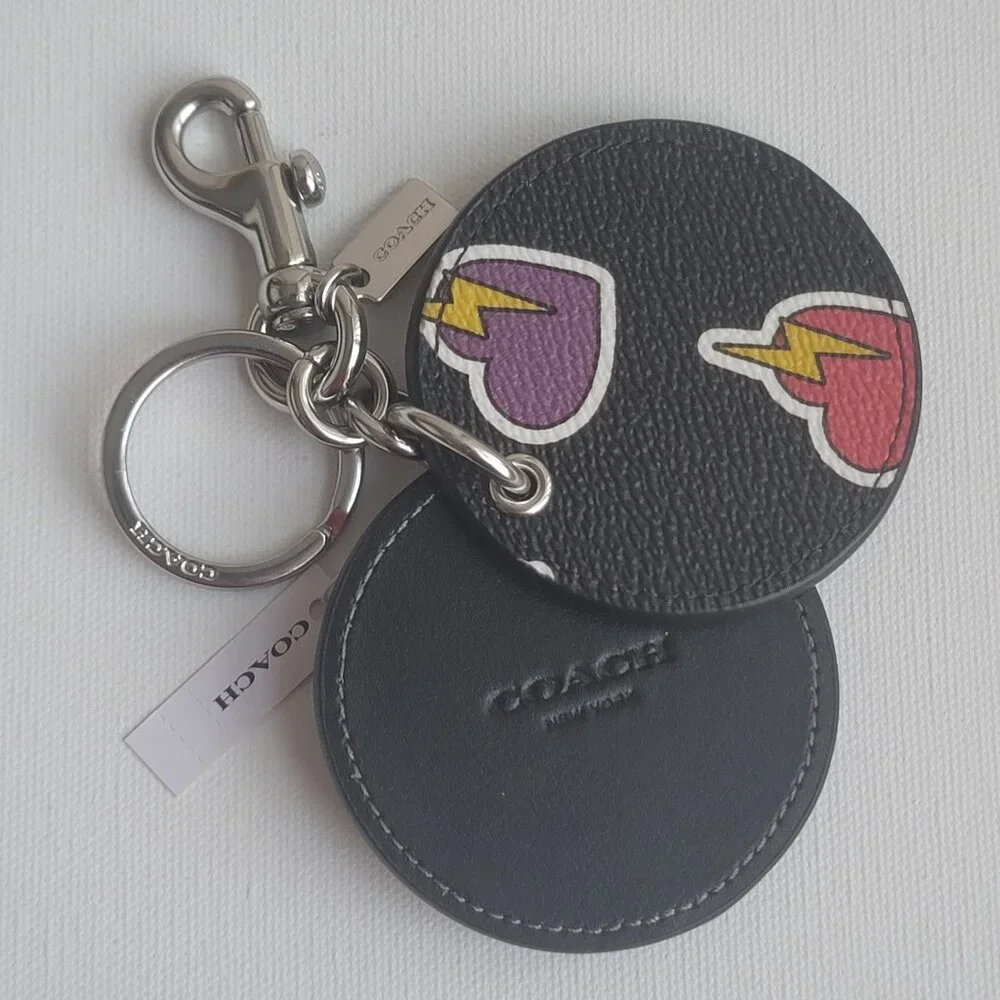 Coach Heart Bolt Print Black Coated Canvas CW475 Mirror Bag Charm Key Chain